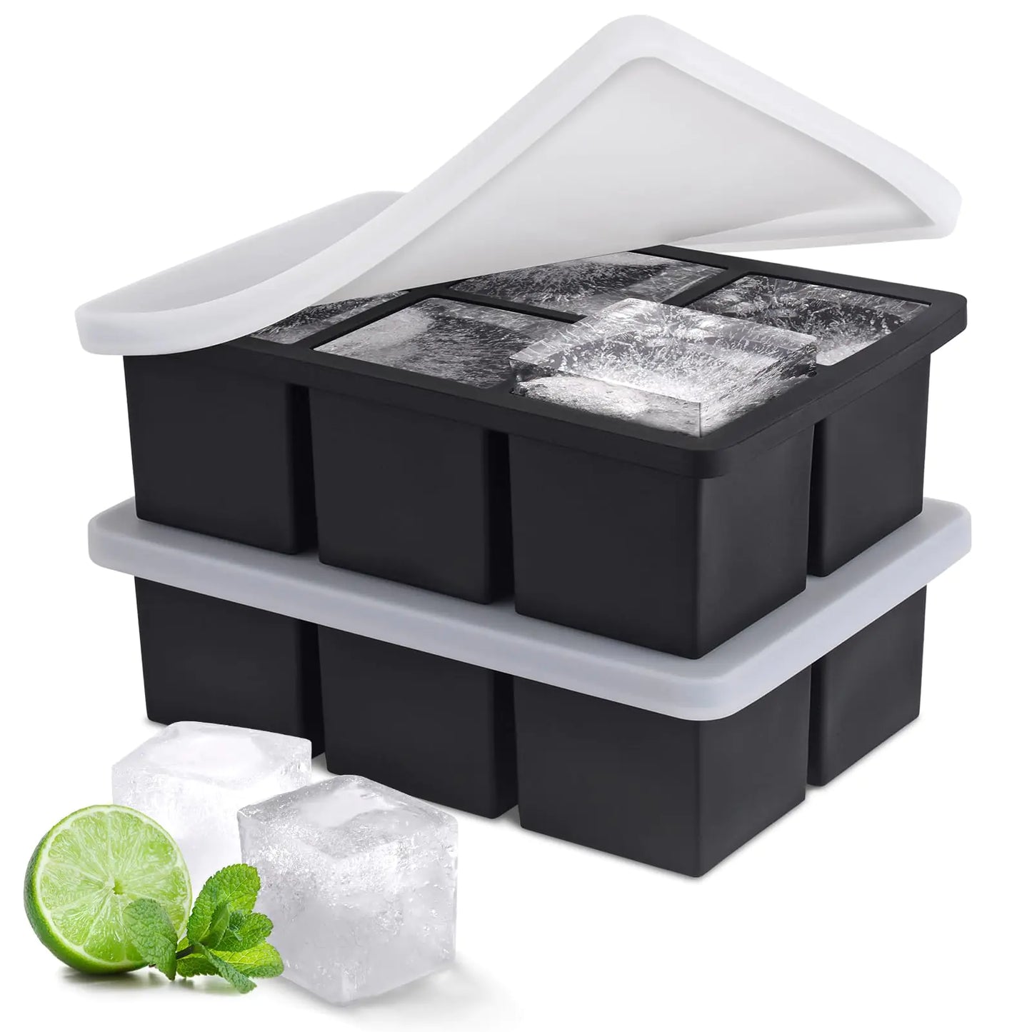 Ice Cube Tray Large Ice Cube Moulds for Easy Release Silicone Ice Cube Tray with Lid for Freeze Stackable Square Ice Tray for Cocktails Whiskey Juice Coffee 【6 square】